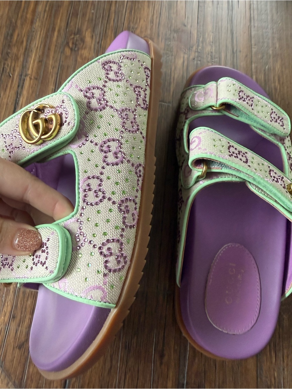 Gucci Moritz Slide GG Crystal Canvas Slide Sandals EU40 Purple Green - Picture 10 of 10